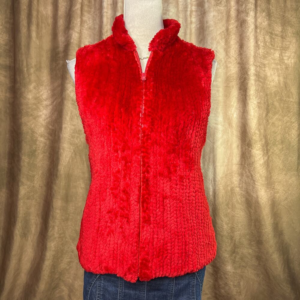 Vintage Faux Fur Vest 60s Red Leather Sleeveless Zip Up Retro Euro Ski Moto